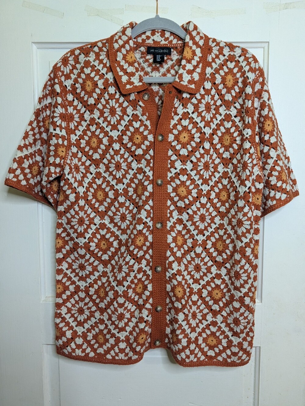 Art of Rhetoric Crochet Granny Square Button Front Shirt Top M Rust Cream - Picture 2 of 6